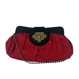 Shanghai Tang Clutch Womens Red Black Quilted Satin Suede Chain Shoulder Bag